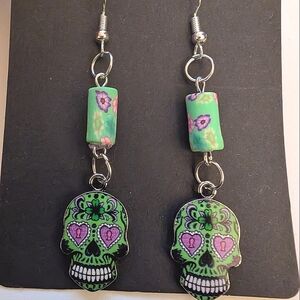 Handmade Beaded Halloween Mint Green Candy skull Day of the Dead earrings